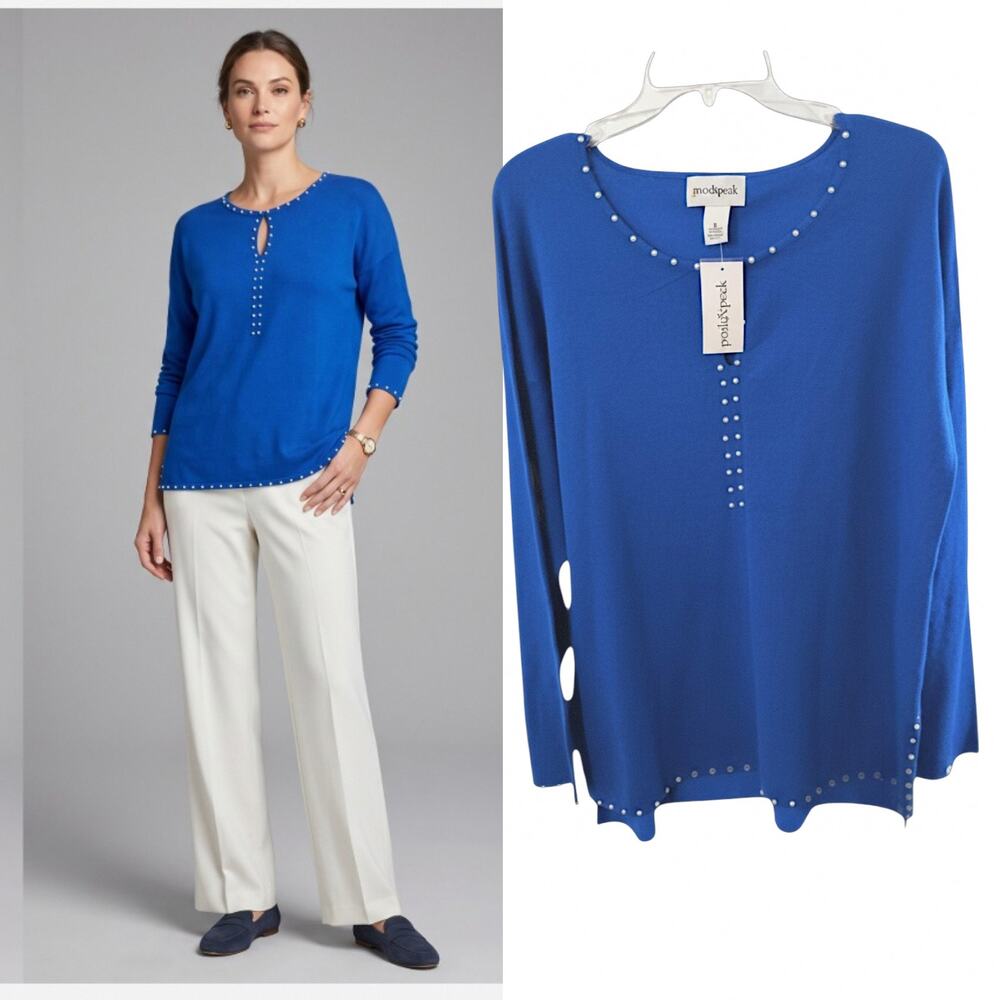 Peck&Peck Knit Sweater Women's Sz XL Blue Pearl Accent Long Sleeve Pullover NWT